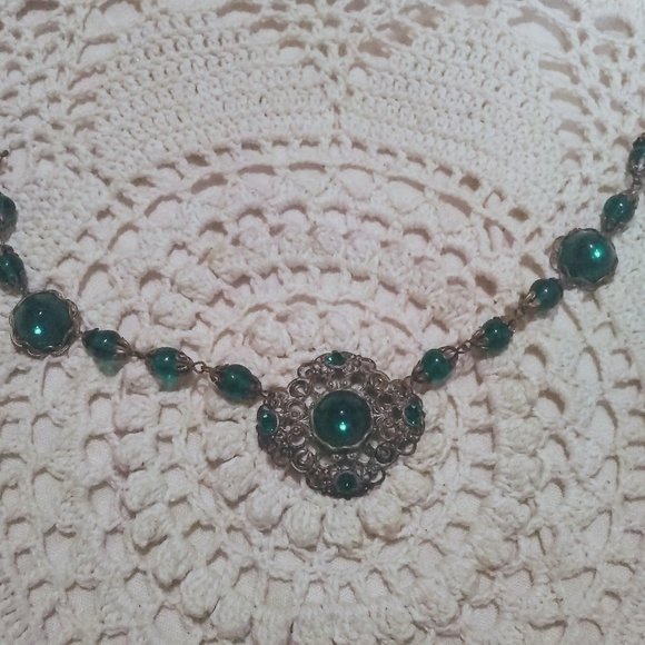 Jewelry - Vintage "Made in Australia" Brass and Green Glass Bracelet